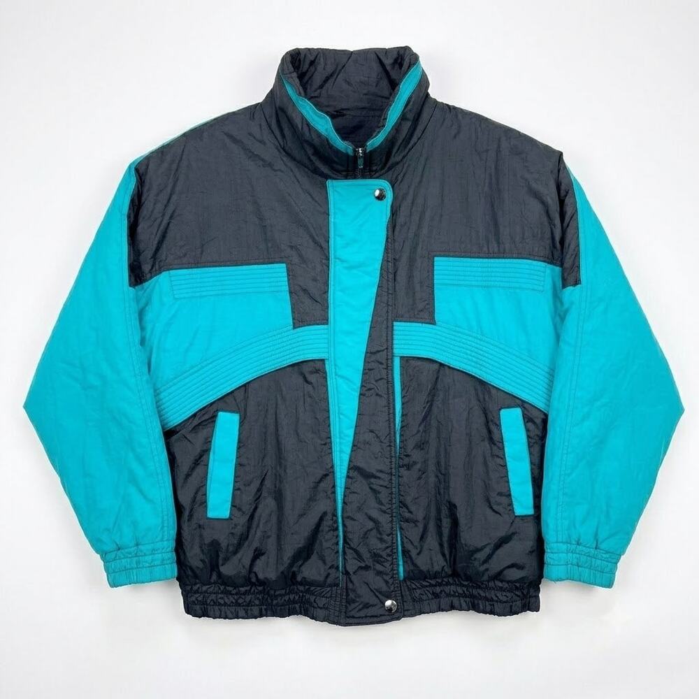 Gitano Retro Nylon Puffer Ski Jacket Black Green Colorblock Vintage Mens Medium